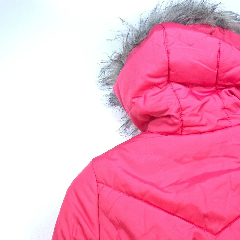 London Fog‎ Lined Puffer Jacket Girl's Large Fur Trim Hood Insulated Preppy Fun